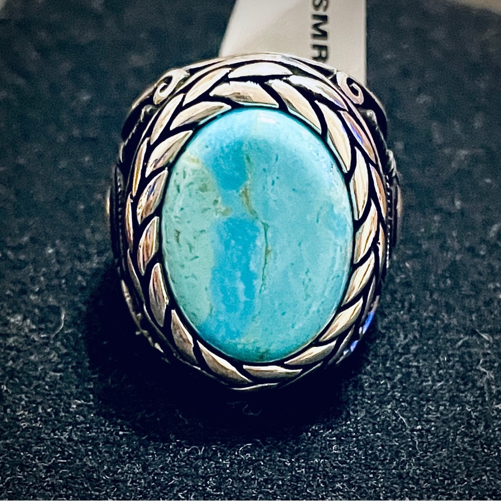 $145 Heavy Men’s Sterling Silver Ring with Indian Blue Large Turquoise Reg $395